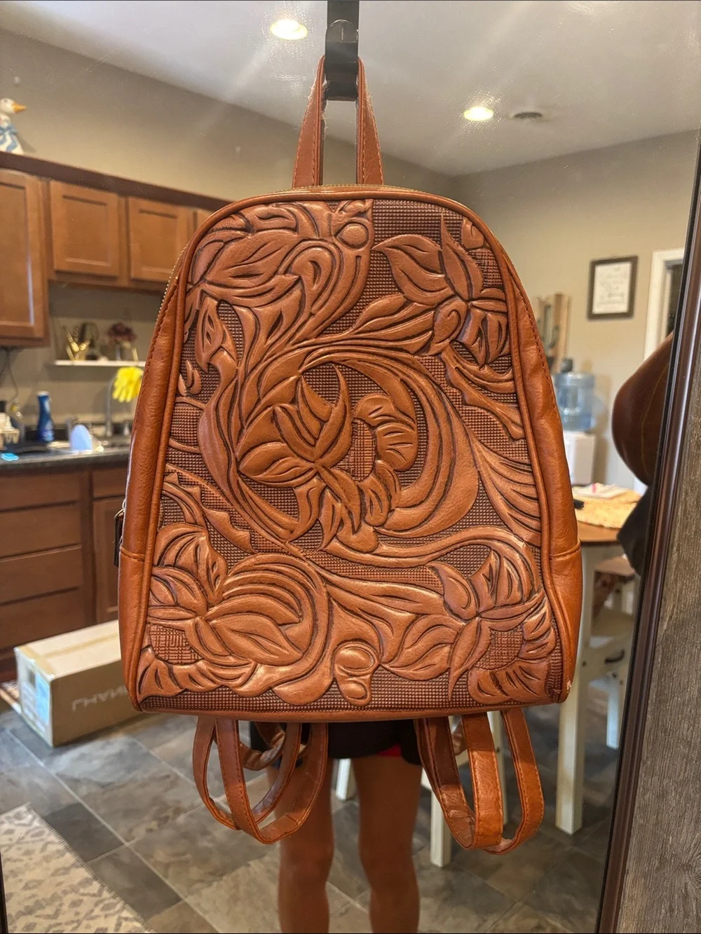 Tooled Leather Floral Backpack - Brown